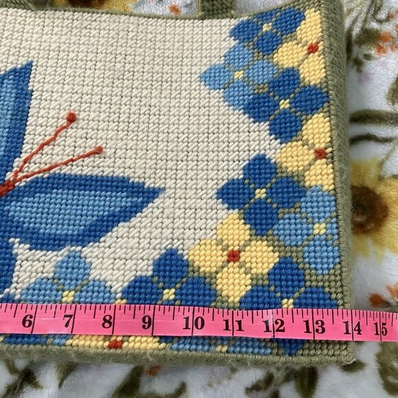 Vintage 70s Handmade Needlepoint Floral Butterfly Tote Bag Handbag Purse - Picture 3 of 7